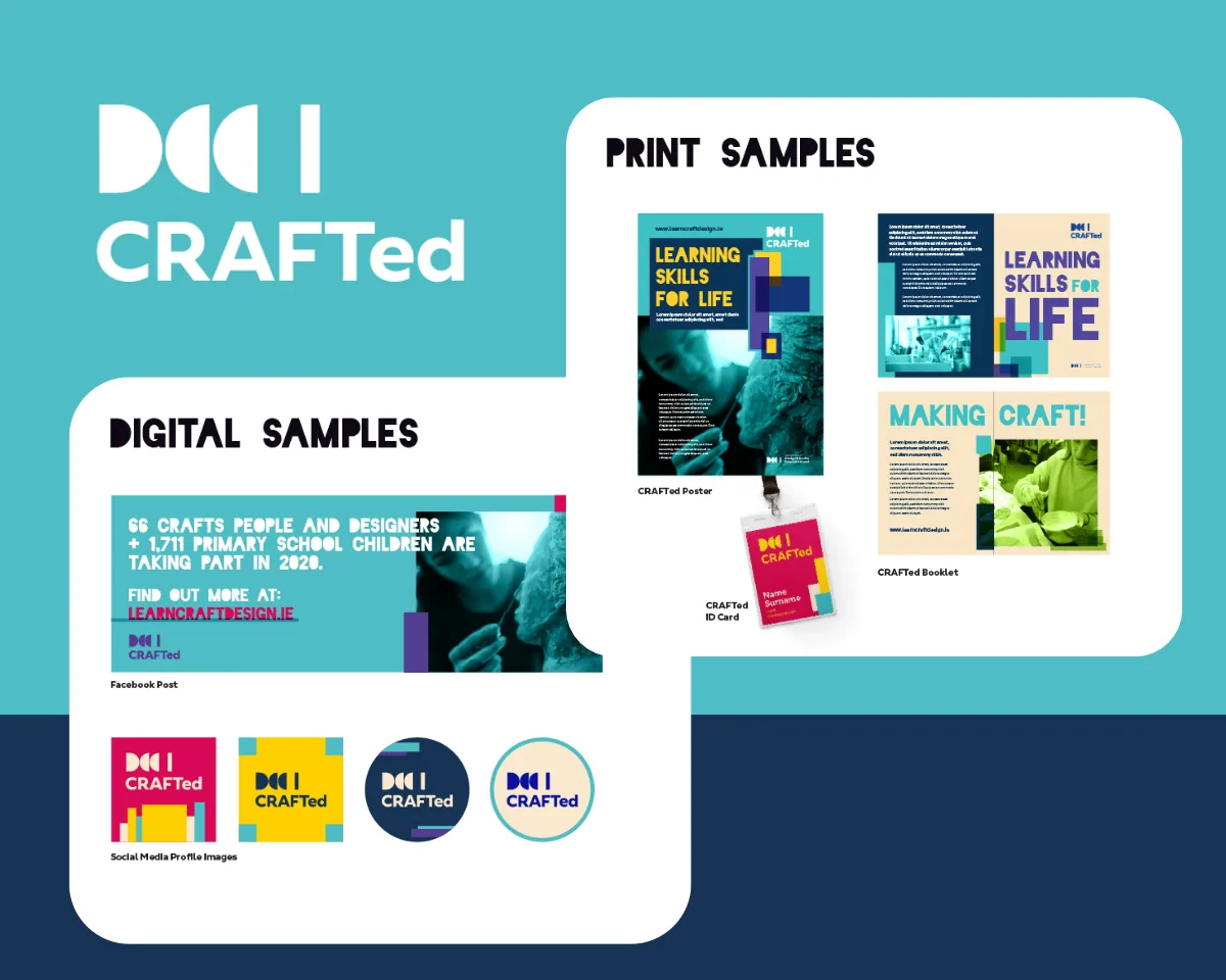 Painel da CRAFTed com amostras digitais e impressas: post de rede social, pôster, livreto e crachá.