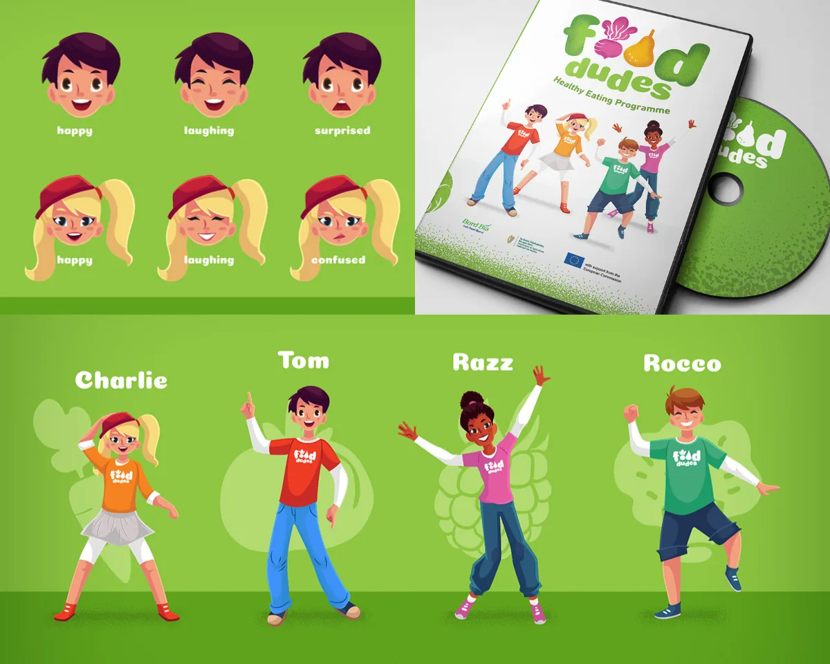 Os quatro personagens do Food Dudes — Charlie, Tom, Razz e Rocco — e a embalagem do DVD do programa.