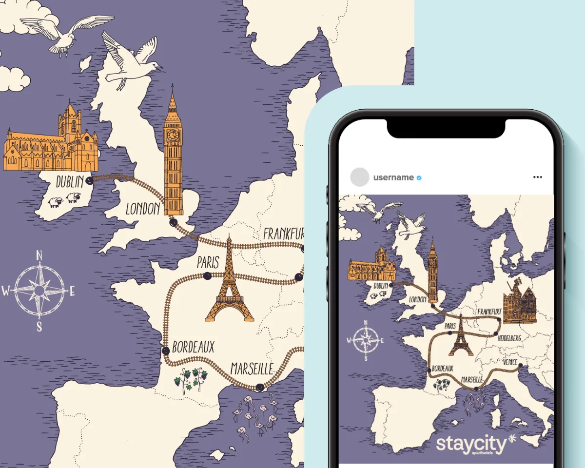 Mapa ilustrado de rotas ferroviárias pela Europa e o mesmo mapa aplicado num post de Instagram.