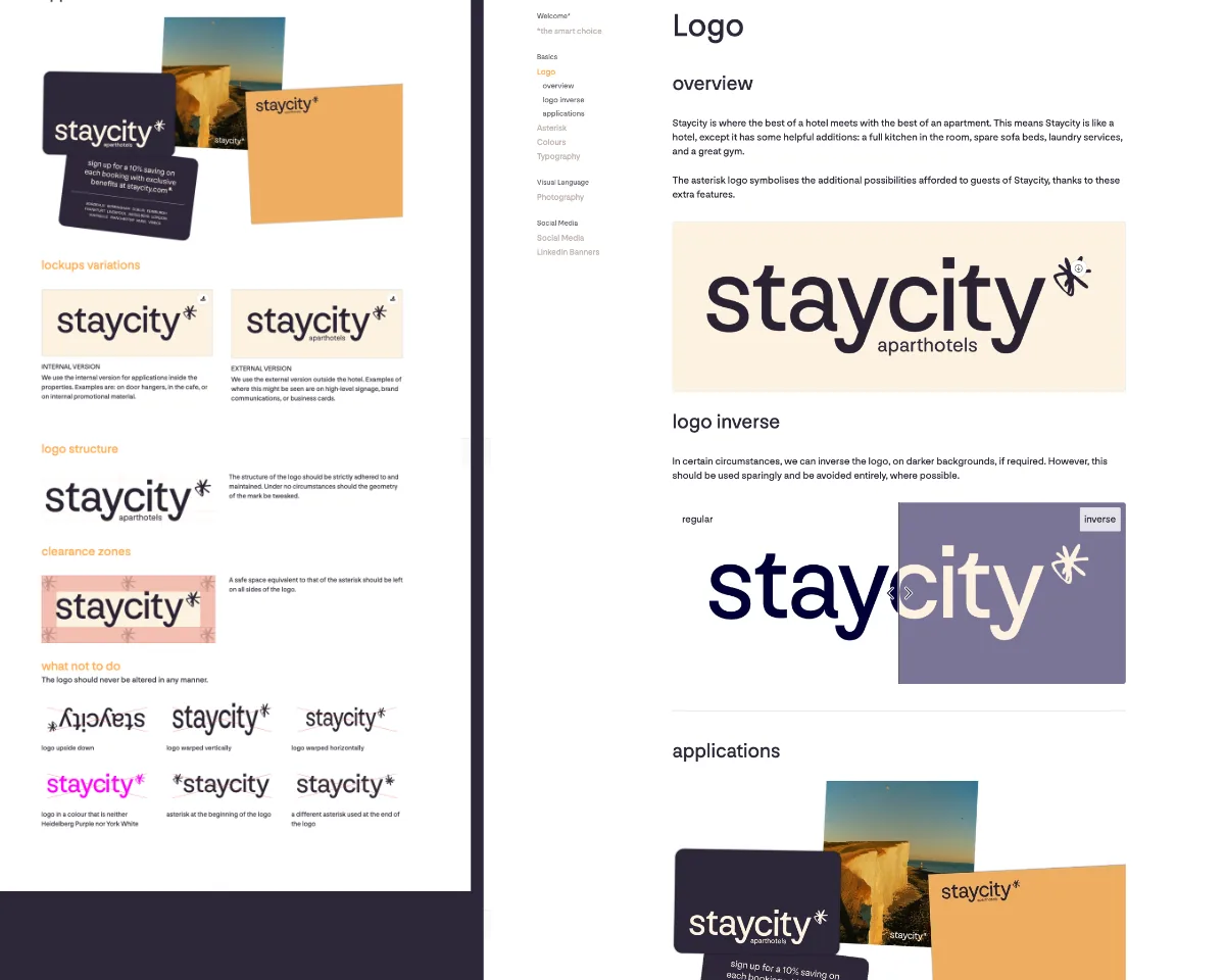 Manual de marca da Staycity no navegador, nas páginas de logotipo e de paleta de cores.